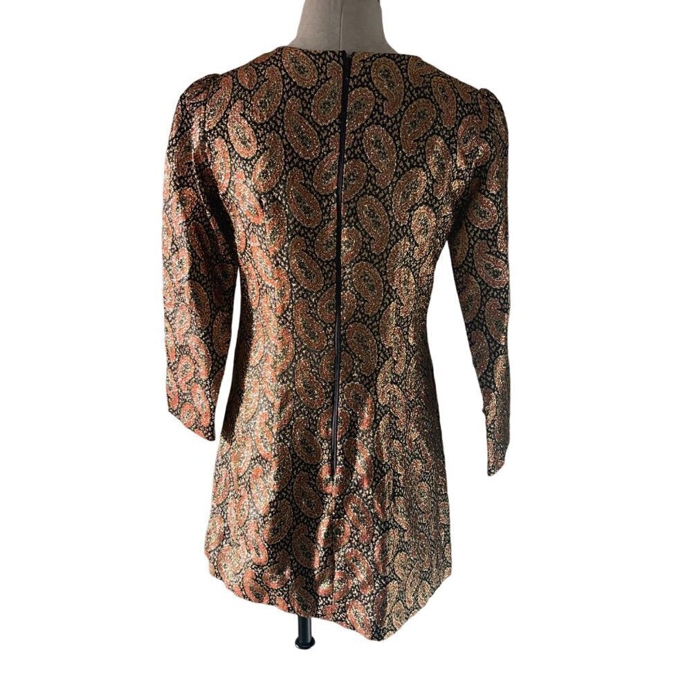 Vintage Handmade Mini Party Dress Size Small Gold Red Black Metallic Paisley - Picture 2 of 12